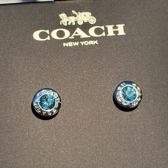 COACH Open Circle Stone Stud Earrings Silver and Aqua Crystal - Picture 7 of 14